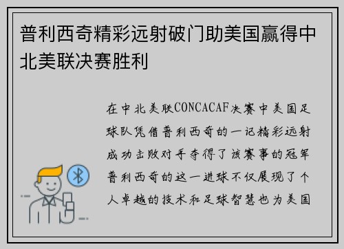 普利西奇精彩远射破门助美国赢得中北美联决赛胜利